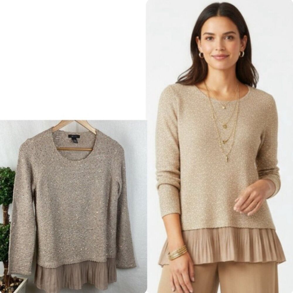 Alfani Tan Sequin Ruffle Hem Long Sleeve Sweater S